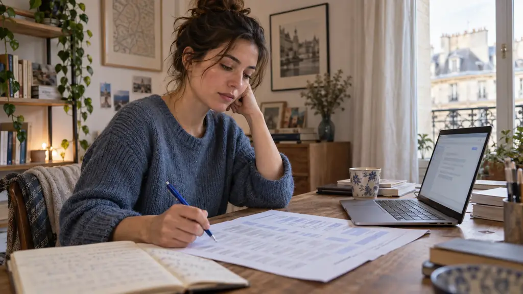 Editorial photograph of a woman reviewing a printed French conjugation table with a blue pen beside an open laptop showing an email draft, no readable text or logos