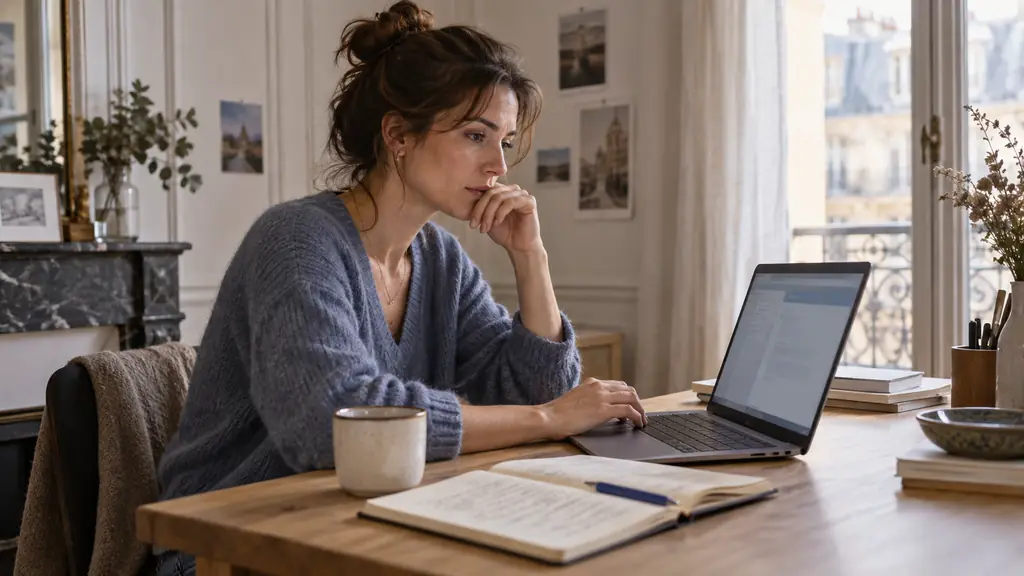 Editorial photograph of a woman checking an email draft on a laptop, with a notebook showing handwritten conjugation groups and a blue pen, no readable text or logos