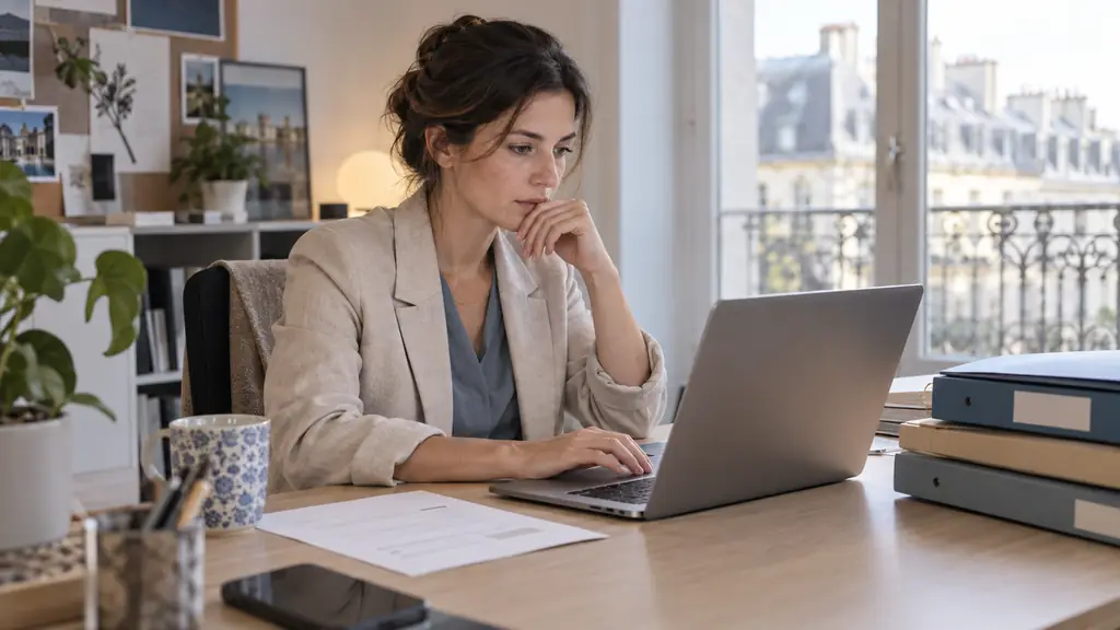 Editorial photograph of a woman proofreading a professional email at an office desk, with one invoice and several delayed parcel files beside her, no visible text or logos