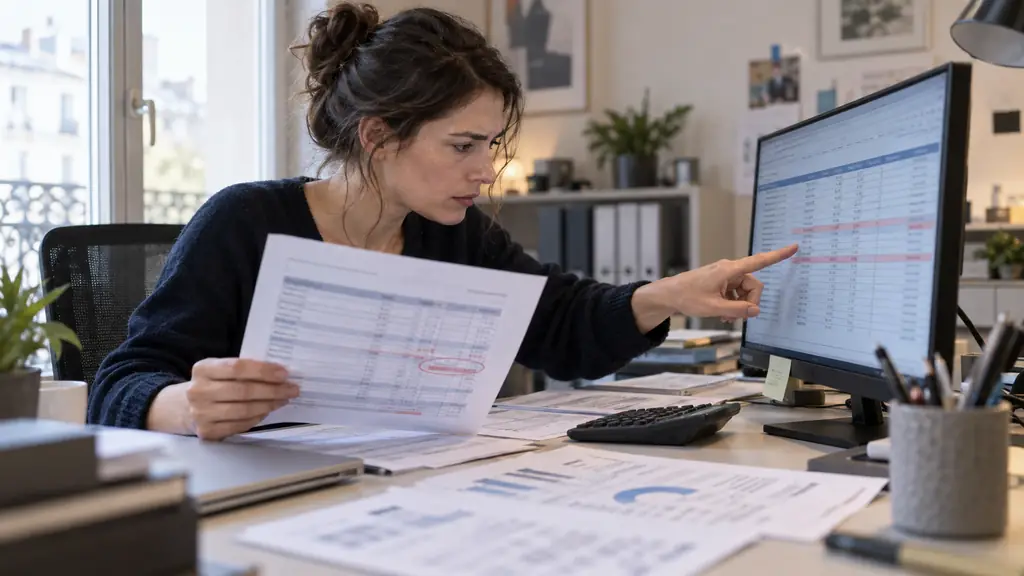 Editorial photograph of an office worker comparing a cost estimate with a spreadsheet showing a rounding discrepancy, calculator and printed figures on the desk, no visible text or logos