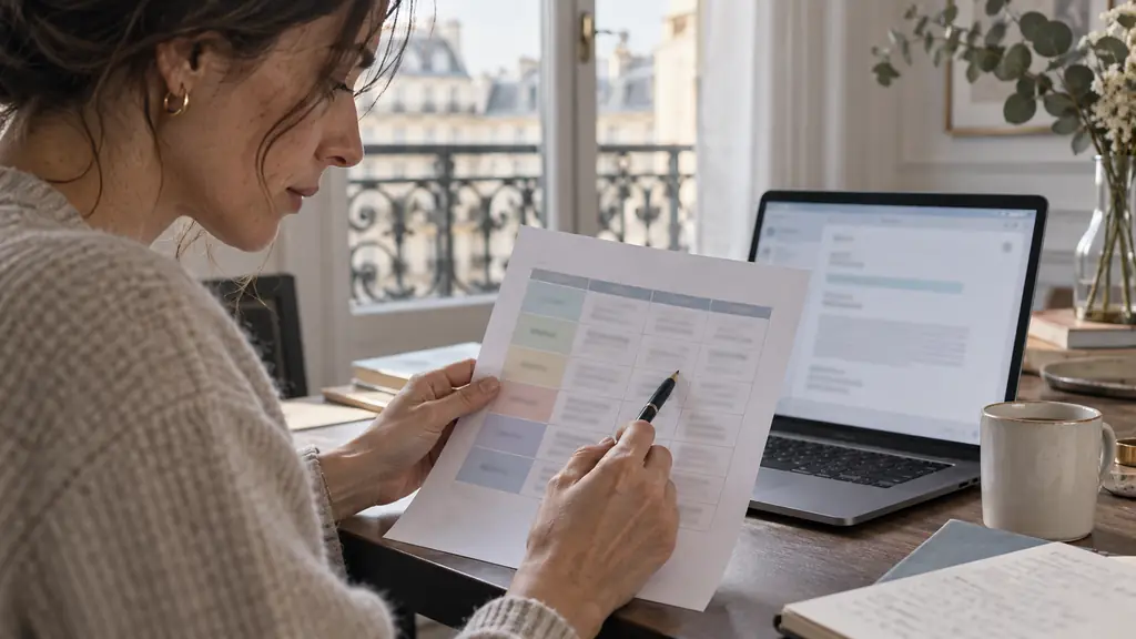 Close-up editorial photograph of a woman reviewing a six-row color-coded grammar table beside an open professional email on a laptop, pen pointing to the past tense column, no legible text or logos