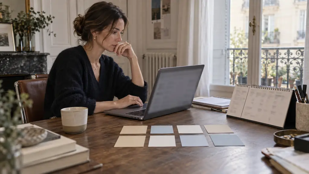 Editorial photograph of a woman checking a professional email beside eight color-coded index cards arranged as four single cards and four paired cards, with a calendar open to the following day, no legible text or logos