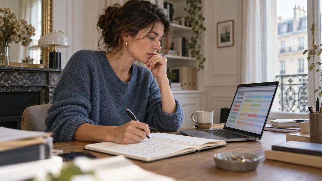 French office worker comparing a color-coded conjugation table on a laptop with an email draft in a notebook, coffee cup beside her, no readable text or logos