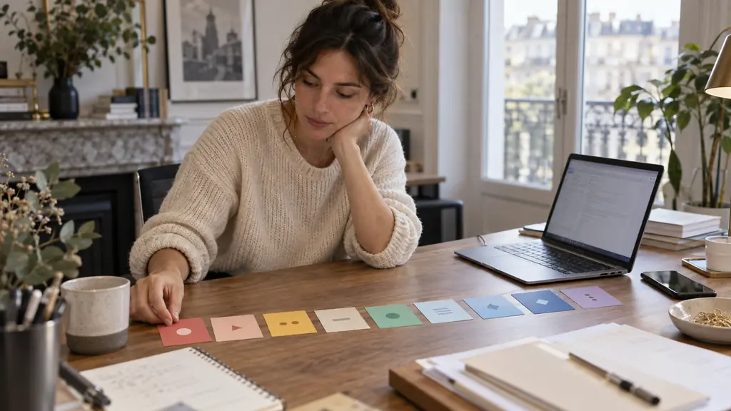 Office worker reviewing eight color-coded grammar cards arranged as a past-present-future timeline beside an open email draft on a laptop, no readable text or logos