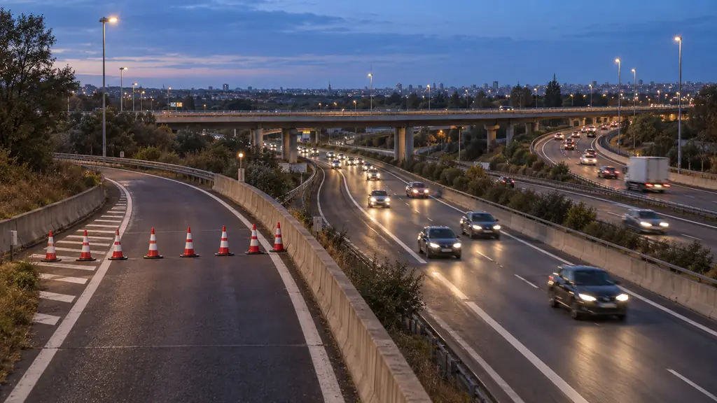 Evening motorway junction south of Paris with three diverging carriageways, traffic cones closing one entrance ramp and vehicles continuing on the adjacent lanes, no readable text or logos
