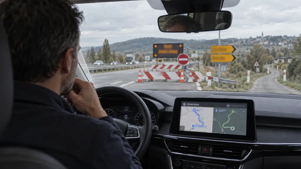 Driver checking two route options on a dashboard navigation screen near a closed motorway exit, with official diversion signs and a narrow secondary road visible ahead, no readable text or logos