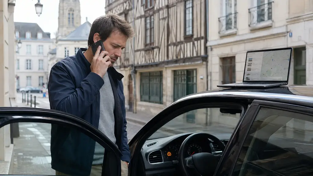 Customer on the phone beside a car with an illuminated dashboard warning light, checking a local garage list on a laptop in Rouen
