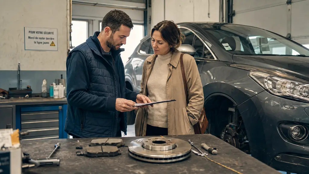Mechanic and customer reviewing an itemized brake repair estimate beside a car, with brake pads on the workbench and the vehicle awaiting service