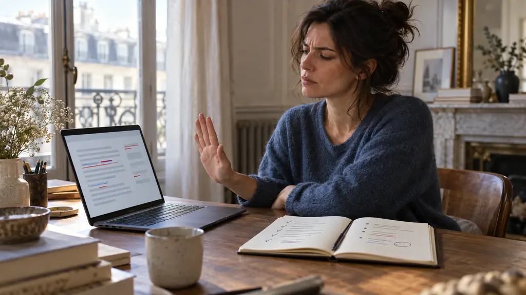 Editorial photograph of a woman reviewing an email draft on a laptop, colored correction underlines visible without legible text, one hand rejecting a suggestion while a notebook lists grammar checks