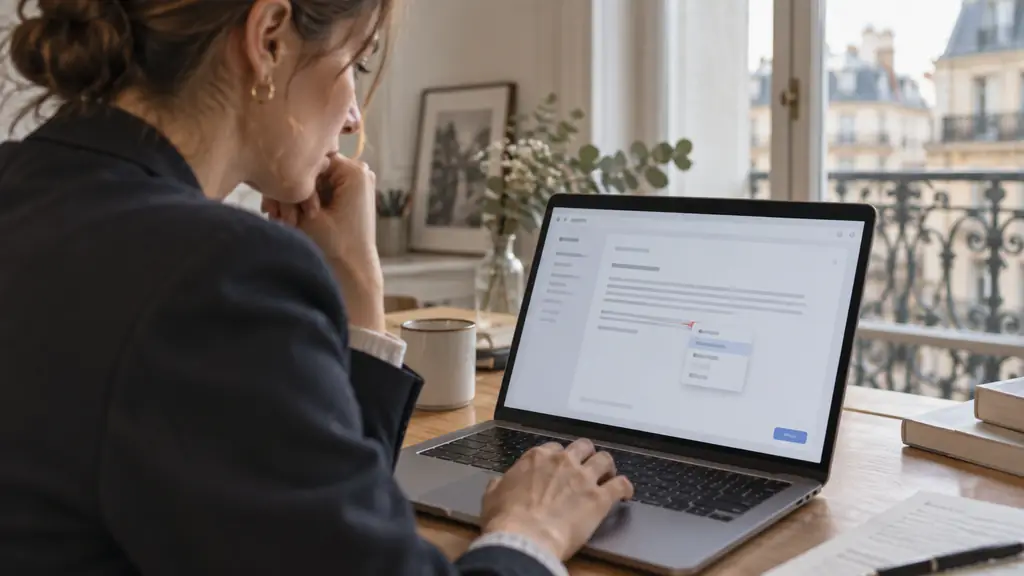 Close-up editorial photograph of a woman pasting a professional email into an online correction field on a laptop, with one misspelled word underlined and a suggestion menu open, no visible logos or readable text