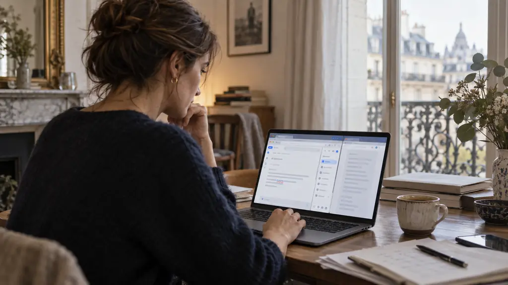 Editorial photograph of a woman reviewing an underlined word in a Gmail draft on a laptop, with a Chrome extension panel open and a Google Docs document visible in another tab, no text or logos