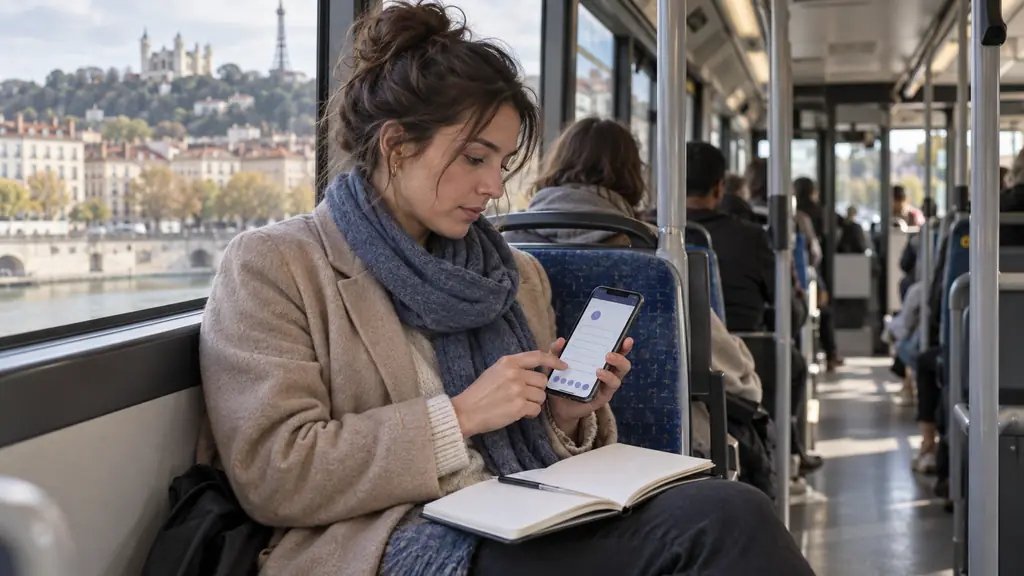 A woman seated on a Lyon city bus completing a short spelling exercise on her smartphone, with a small notebook open on her lap, editorial photography, no visible text or logo