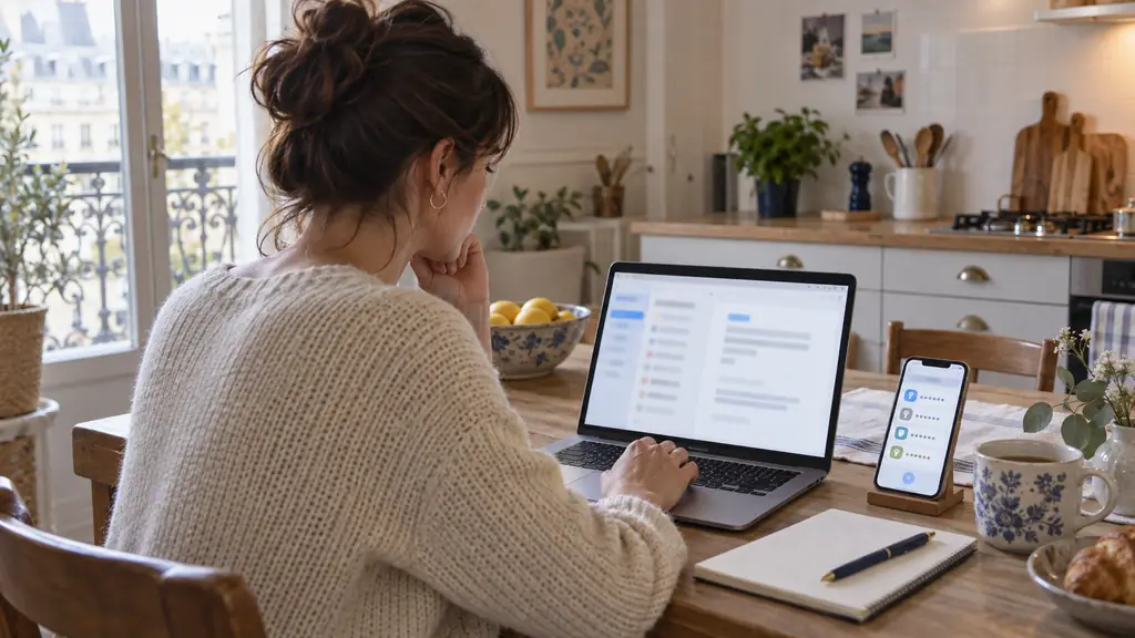 A woman at a kitchen table checking a registration email on her laptop, with a password manager open on her smartphone and a notebook beside her, editorial photography, no visible text or logo