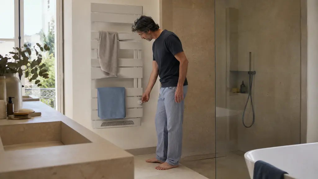 bright modern bathroom with an electric towel radiator holding two dry towels, visible lower fan vent, and a person activating the timer before a shower, no text, no logo
