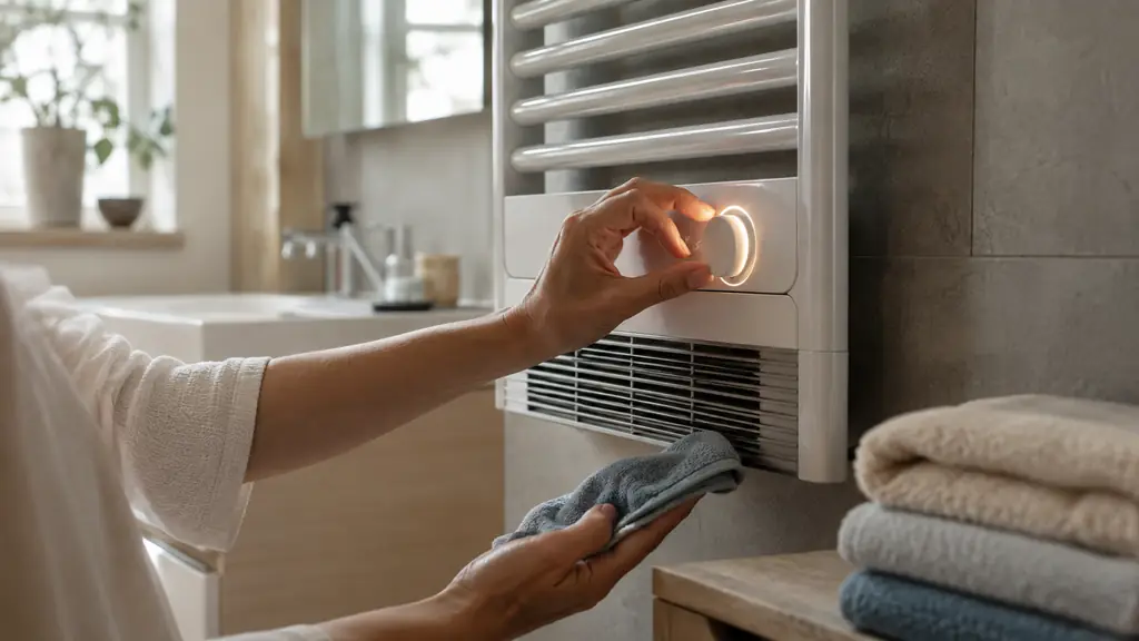 close-up editorial photograph of a person setting a boost timer on an electric towel radiator, with an accessible lower fan grille being dusted and folded towels nearby, no text, no logo