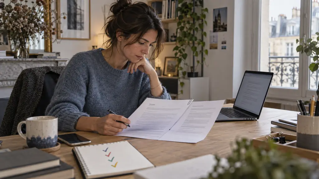 office worker at a desk proofreading a printed client email beside a laptop, four colored check marks on a notepad, quotation document attached, no readable text or logo