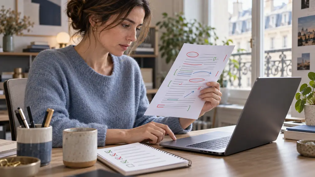 office worker checking colored verb-ending and plural proofreading marks on a printed client email, finger hovering over a laptop trackpad before sending, grammar checklist beside the keyboard, no readable text or logo