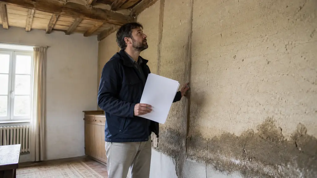 French 1970s house inspection, an energy assessor holding a DPE report beside a visibly damp old rammed-earth wall and exposed timber roof frame, natural documentary photography, no text, no logo