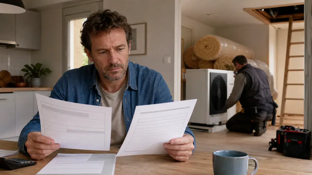 Homeowner reviewing a CEE energy bonus offer beside an unsigned insulation quote, with attic insulation rolls and a heat pump installer visible in the background, natural editorial photography, no text, no logo