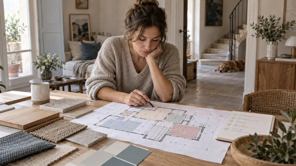 Homeowner reviewing a floor plan with marked room surfaces and material samples on a table, beside a handwritten checklist of access constraints, editorial photography, no text or logo