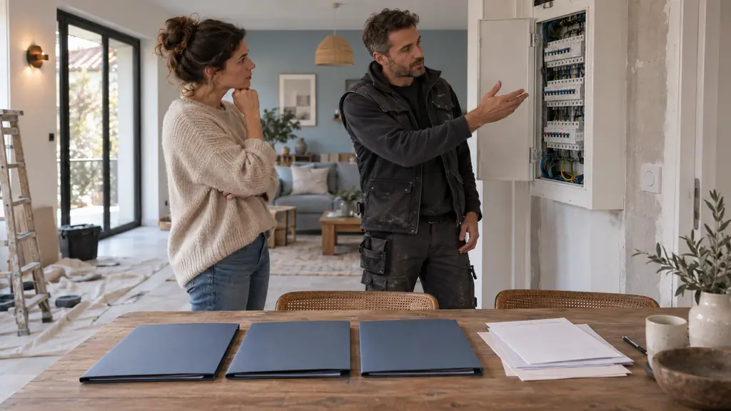 Homeowner meeting a renovation contractor beside an open electrical panel, with three identical quote folders and insurance documents arranged on a table, editorial photography, no text or logo