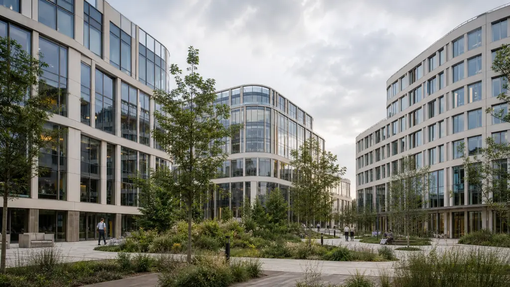 Editorial photograph of the Arcs de Seine office complex in Boulogne-Billancourt, showing three independent contemporary office buildings arranged around a landscaped central space near the Seine, no text or logos