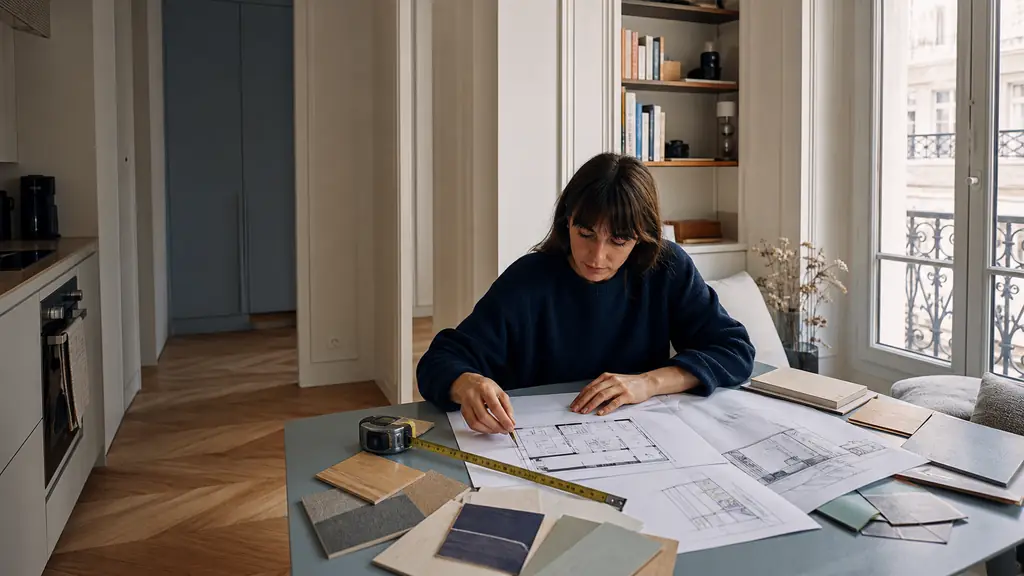 Interior designer reviewing a measured floor plan beside custom storage sketches and material samples in a compact apartment