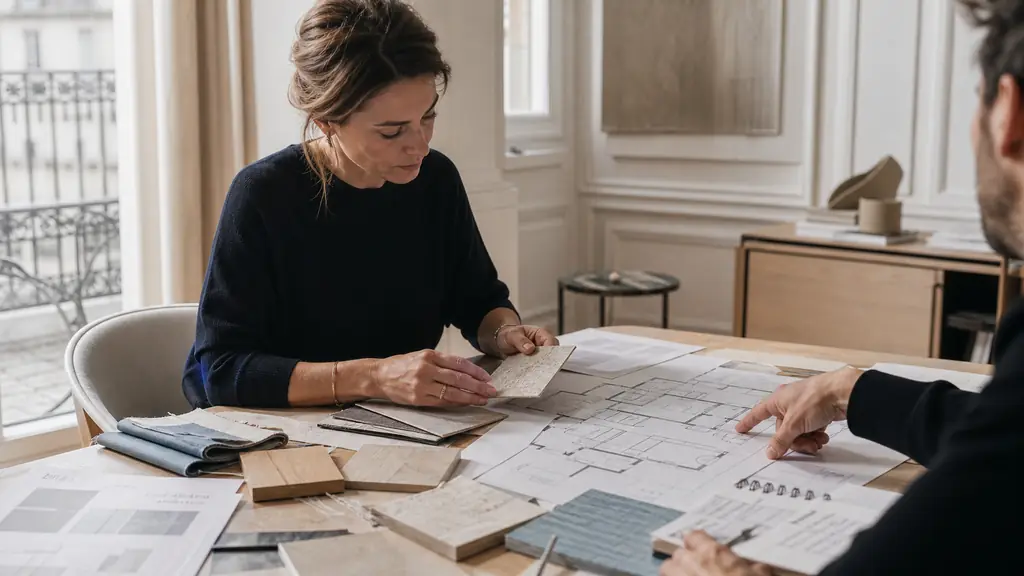 Interior designer comparing a measured floor plan, material samples and artisan quotations during a project meeting