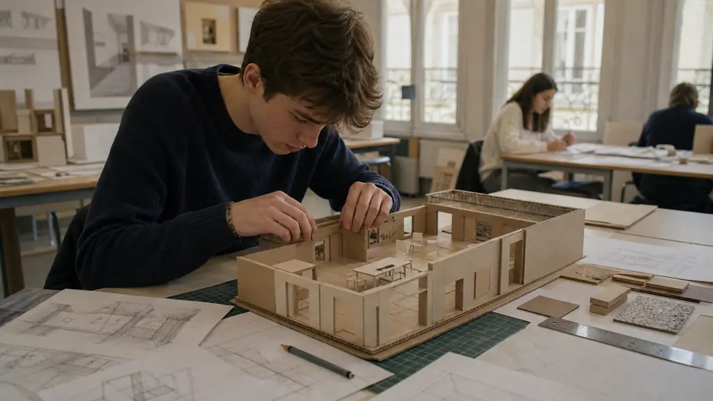 Editorial photograph of a French high school student assembling a cardboard interior scale model beside perspective sketches and material samples, natural classroom light, no text, no logo