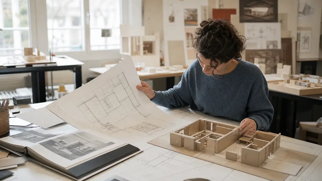 Editorial photograph of a design student comparing a detailed interior technical plan with a cardboard scale model and an open portfolio on a studio table, natural daylight, no text, no logo