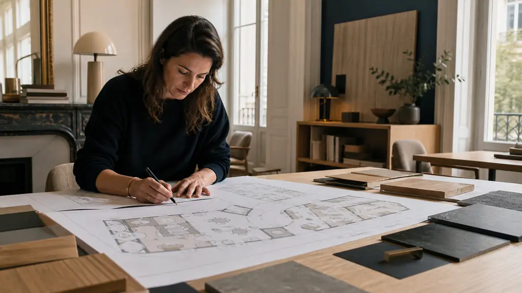 Interior designer reviewing a measured floor plan beside custom cabinetry samples and a restaurant accessibility layout in a Lyon studio, editorial photography, no text, no logo