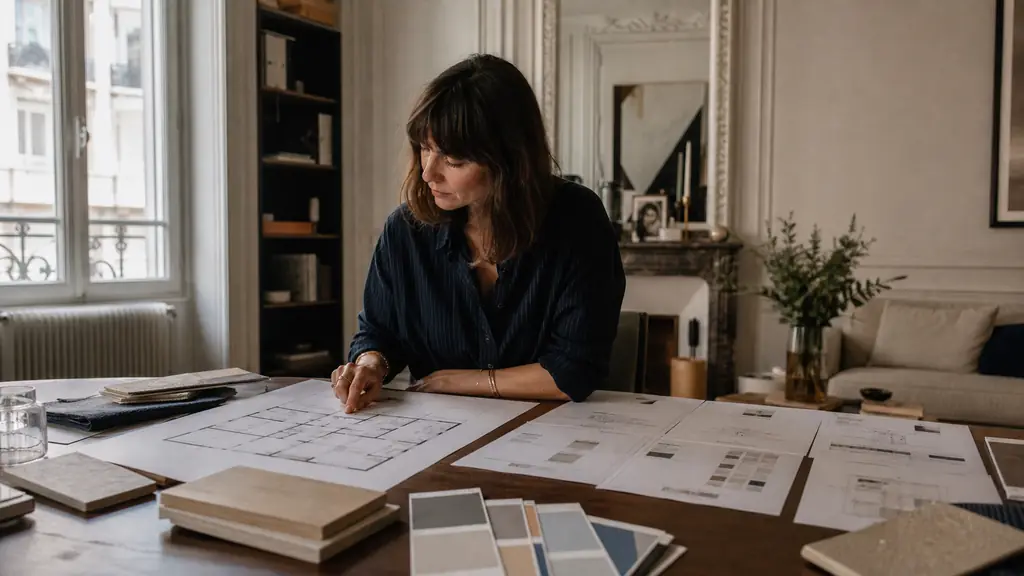 Interior designer comparing a measured floor plan, material and color samples, and contractor quotations on a worktable in a Lyon apartment, editorial photography, no text, no logo