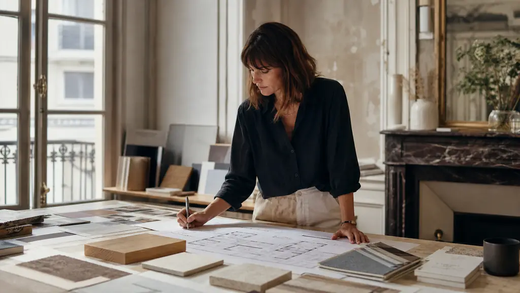Interior designer reviewing Nantes apartment floor plans beside a moodboard and real wood and tile samples on a studio table