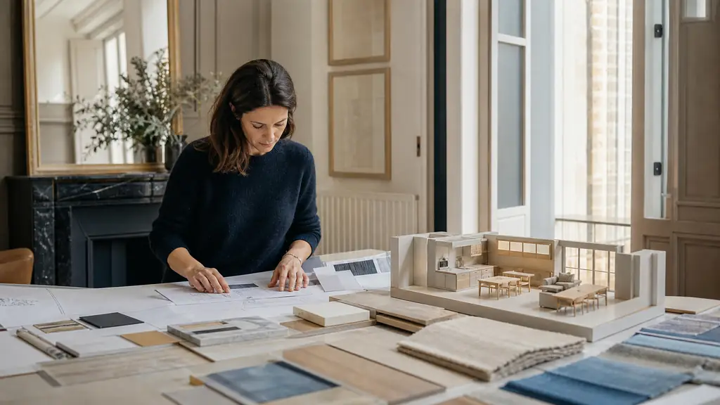 Interior designer adjusting a custom library plan beside material samples and a 3D model of an open kitchen renovation in a Nantes townhouse