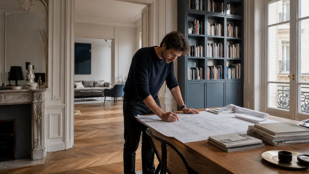 Editorial photograph of a Haussmannian apartment renovation with original parquet flooring, a floor-to-ceiling built-in library, and an architect reviewing dimensioned plans on a table, no text, no logo