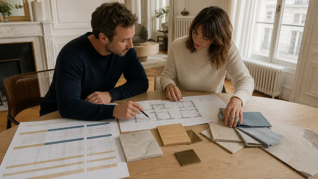 Editorial photograph of an interior design consultation in Paris, showing dimensioned floor plans, material samples, and a detailed trade-by-trade renovation budget on a table, no text, no logo