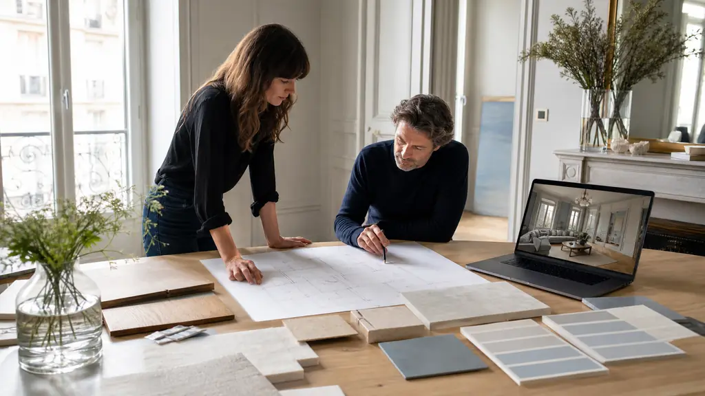 Interior architect reviewing a measured floor plan and material samples with a homeowner beside a laptop displaying a 3D room perspective, editorial renovation photography, no text, no logo