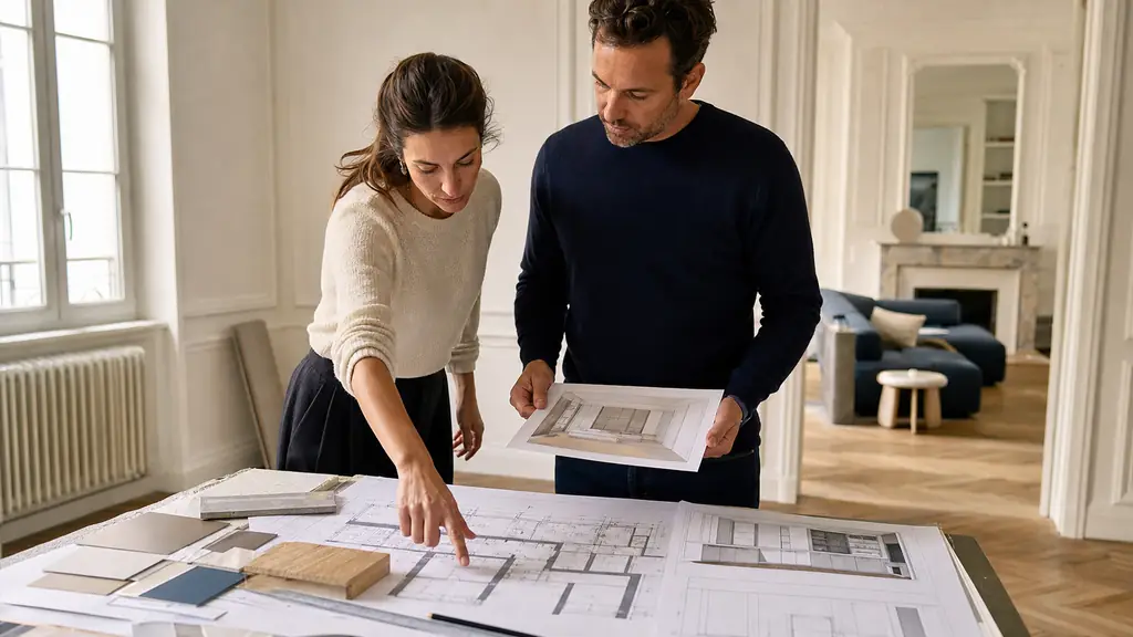 Interior architect pointing to an electrical plan and wall elevation beside a homeowner holding a printed 3D perspective, editorial renovation photography, no text, no logo