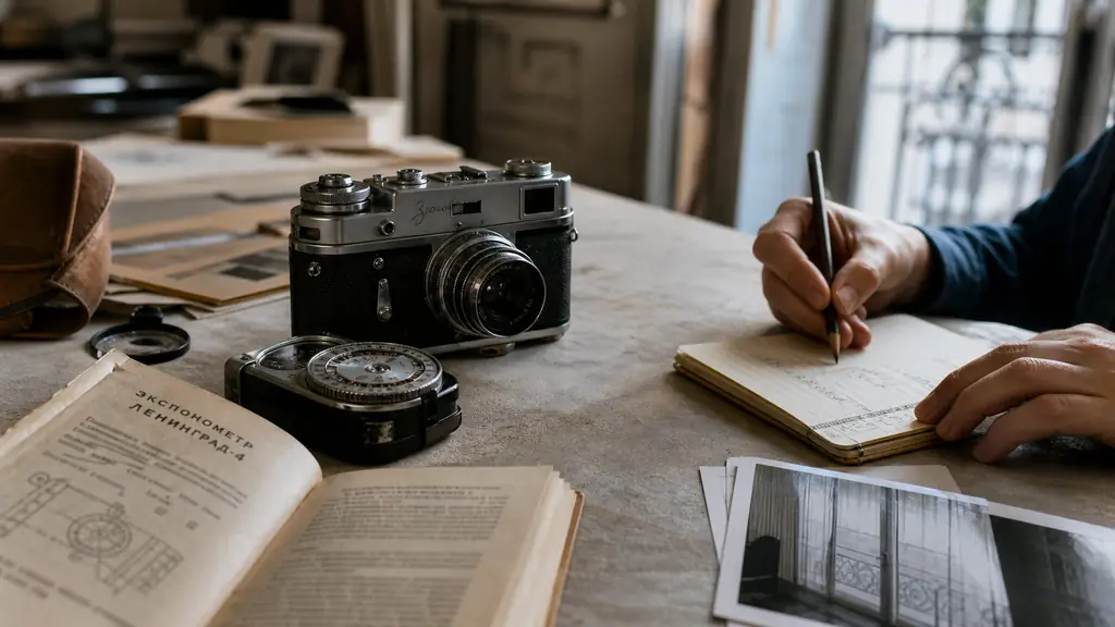 editorial close-up photograph of a vintage Soviet camera beside a Cyrillic-marked light meter and an open instruction manual, photographer noting exposure settings in a small notebook, no text overlay, no logo