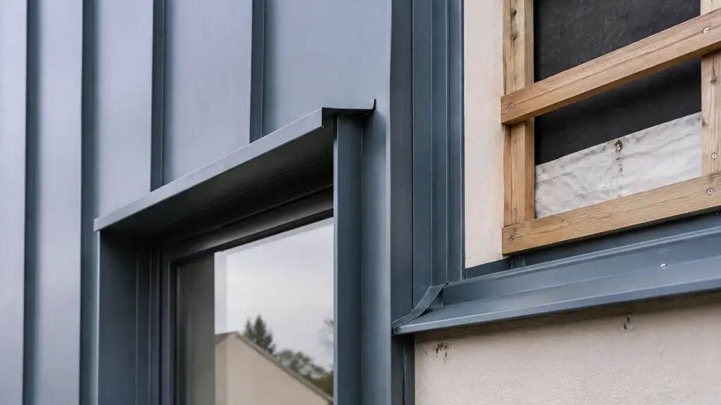 close-up editorial photograph of vertical steel standing seam cladding being installed around a window, with visible corner flashing and a ventilated timber subframe, no text, no logo