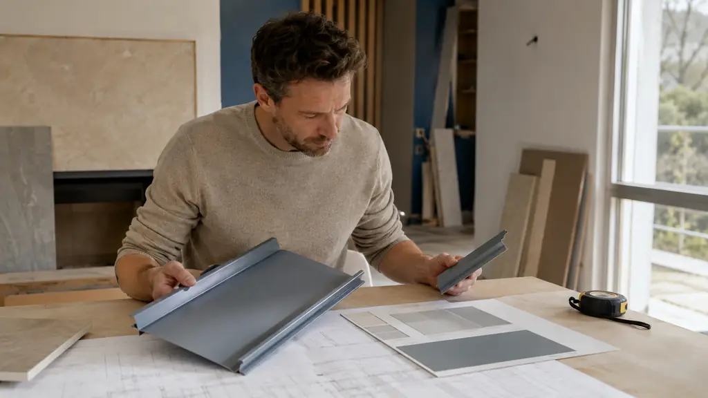 editorial photograph of a homeowner comparing a Vieo Edge metal panel sample with an unbranded technical sheet and a matching corner finishing profile on a worktable, no text, no logo