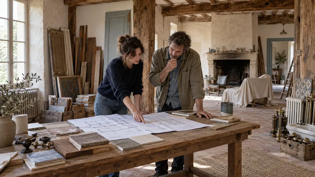 Architect and homeowner reviewing renovation plans inside a 1970s house, with preserved timber framing and sorted reusable materials visible nearby