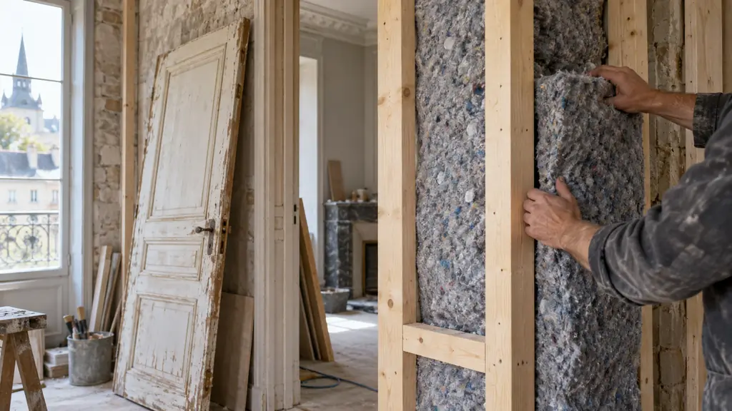 Close-up of a renovation site showing exposed timber framing, recycled textile insulation being installed, and a salvaged wooden door set aside for reuse