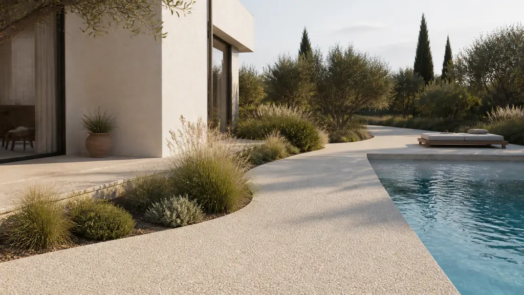 Contemporary house exterior with a light exposed-aggregate concrete terrace continuing into a garden path, beside a swimming pool with visible textured paving, editorial architectural photography, no text, no logo