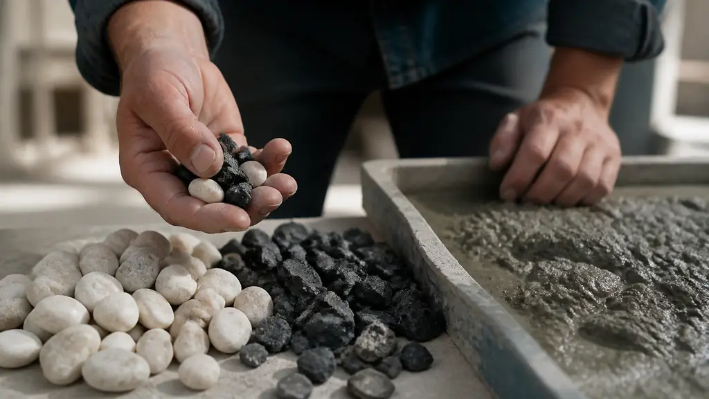 Close-up editorial photograph of rolled white quartz and angular black basalt aggregate samples beside a fresh concrete mix, with a contractor comparing the textures by hand, no text, no logo