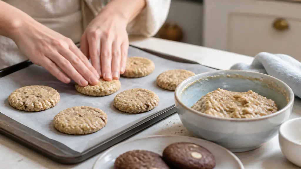 Close-up editorial food photograph of hands flattening banana oat cookies on a baking tray, with cocoa hazelnut biscuits and a bowl of almond applesauce dough nearby, natural kitchen light, no text, no logo