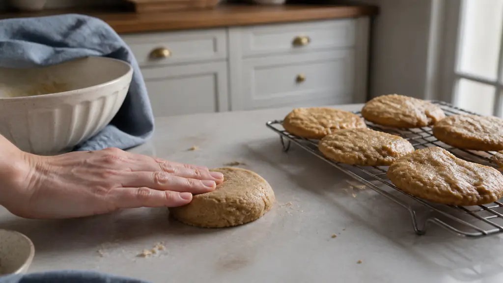 Editorial close-up photograph of a hand testing compact cookie dough with slightly cracked edges beside overly soft applesauce cookies and a cooling rack, natural kitchen light, no text, no logo