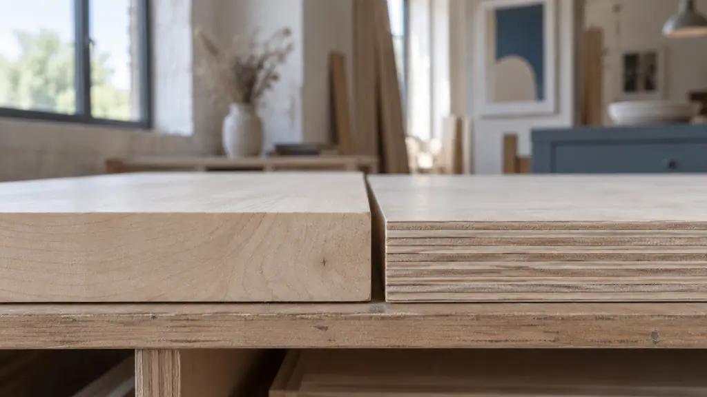 Editorial close-up photograph of a pale solid birch board beside a birch plywood panel edge, showing fine straight grain with a slightly wavy section and both pieces stored flat in a woodworking studio, no text, no logo