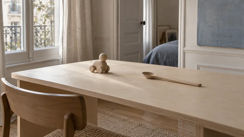 Editorial photograph of a pale birch plywood desk with a visible layered edge, a small turned birch toy and a wooden kitchen spoon arranged on top, no text, no logo