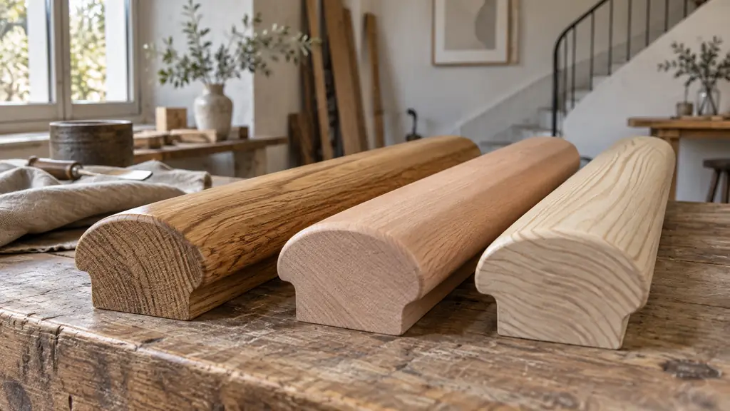 Close-up editorial photograph of finished oak, pink-toned beech and pale ash handrail samples placed side by side, showing their distinct grain patterns and rounded profiles, natural workshop light, no text or logo